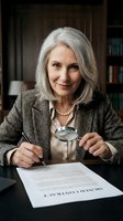 Senior woman with gray hair, Caucasian ethnicity, wearing professional blazer and pearl necklace, examining document with magnifying glass at desk in office setting.