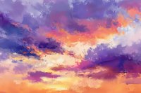 Dramatic sunset sky with vibrant purple and orange clouds creating an ethereal atmosphere. Artistic interpretation of nature's color palette shows dynamic light effects.