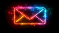 Glowing neon mail envelope icon with colorful light effects and sparkles on black background, digital communication concept for business designs.