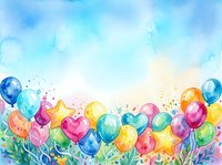 Colorful balloons and stars floating above vibrant flowers in watercolor style, perfect for birthday celebrations, greeting cards, and festive event designs.