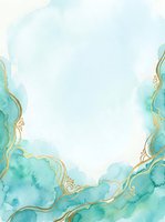 Turquoise and gold watercolor border with flowing liquid ink waves and ornamental swirls on cream background, isolated design element for invitations, cards, and luxury branding projects.