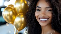 Young African American woman with natural curly hair and bright white smile against blurred golden balloons background, expressing joy and celebration.