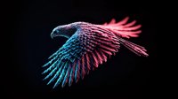Majestic eagle in flight with neon blue and pink gradient plumage against black background, dramatic lighting creates futuristic artistic effect for creative projects.