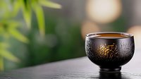Traditional ceramic tea bowl with ornate floral patterns filled with aromatic tea on wooden surface. Zen meditation and mindfulness concept for relaxation rituals.