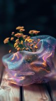 Ethereal jellyfish with glowing bioluminescent patterns in purple, blue, and gold tones holds delicate golden flowers, set against dark background on wooden surface.