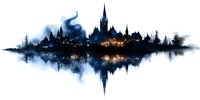 Dark fantasy castle silhouette with glowing windows reflected in misty water, surrounded by pine trees and dramatic clouds on white background.