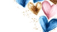 Artistic brush stroke hearts in pink, blue and gold with glitter effect on white background, romantic watercolor style design element for valentines and love themes.