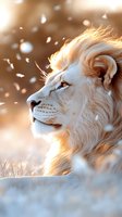 Majestic white lion profile in warm sunlight with floating petals, showcasing strength and serenity against soft bokeh background. For wildlife and nature designs.