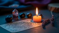 Mystical tarot card reading setup with burning candle, healing crystals and dried herbs creating atmospheric spiritual divination scene for meditation practices.