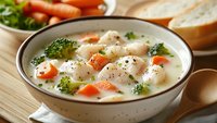 Creamy chicken soup with tender meat chunks, broccoli florets, and carrot slices in white ceramic bowl, served with bread and fresh vegetables.