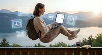 Young woman with laptop floating above mountain lake at sunset with digital icons representing remote work and online connectivity for modern lifestyle.