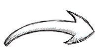 Hand drawn curved arrow pointing right with sketchy texture and rough brush strokes on white background, isolated design element for presentations and graphics.