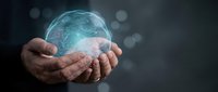 Businessman hands holding glowing digital earth globe with network connections for global business technology and environmental concepts.