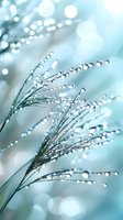 Delicate grass stems covered in morning dew drops against soft blue bokeh background, creating ethereal natural macro photography effect. Perfect for wellness designs.