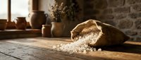 Rustic burlap sack filled with white rice grains spilling onto wooden table in traditional kitchen setting with stone wall background for cooking concepts.