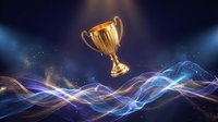 Golden trophy cup floating above flowing blue energy waves against dark background with glowing light effects for achievement and success concepts.