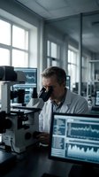Senior male scientist examining samples through microscope in modern laboratory with computer monitors displaying data analysis results.