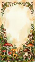 Woodland mushroom frame with autumn foliage, berries, and forest botanicals on aged parchment background. Isolated border design for invitations, certificates, and woodland-themed projects.