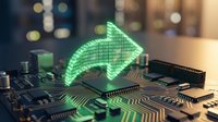 Green holographic arrow projection emerging from computer circuit board with microchips and electronic components in modern tech environment with bokeh lights.