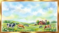 Watercolor farm scene with grazing cows, red barn, silo, and lush green meadow under a bright sky, framed in gold.