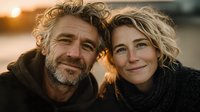 Happy mature couple embracing outdoors during golden hour sunset, showing love and connection in their relationship with warm natural lighting.