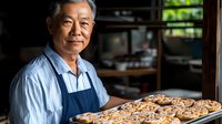 Senior Asian male baker smiling while holding fresh baked cinnamon rolls on wooden tray in home kitchen, wearing blue striped shirt and apron. Natural lighting.