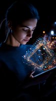 Young woman looking at tablet with magical glowing particles and geometric shapes emerging from screen, illuminated face in dark blue ambient lighting.