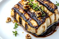 Grilled halloumi cheese with balsamic glaze, fresh thyme garnish and crushed walnuts served on white plate, close up view of gourmet appetizer.