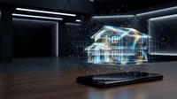 Holographic house model projection from smartphone displaying smart home technology and augmented reality real estate visualization in modern interior.