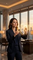 Professional businesswoman interacting with holographic interface in modern office during golden hour sunset for technology and innovation concepts.