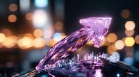 Glowing purple crystal arrow points upward with futuristic cityscape emerging from its base against blurred bokeh lights, symbolizing growth and technological advancement.