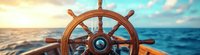 Vintage wooden ship steering wheel against panoramic seascape with dramatic sunset sky and ocean waves, maritime navigation concept for leadership.