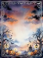 Halloween watercolor frame with spooky pumpkins, bare trees, bats and haunted castle silhouette on twilight sky background for autumn seasonal designs.