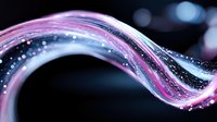 Glowing pink and blue wave with sparkles and light particles flowing on dark background creates magical ethereal effect. Abstract motion design element.