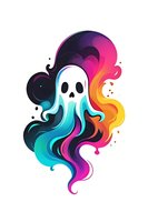 Playful ghost character with flowing rainbow smoke effect on white background, featuring gradient colors from turquoise to pink and orange. Isolated design for creative projects.