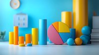 Colorful business charts and graphs showing financial growth statistics with pie chart and bar graph elements on light surface against blue background.