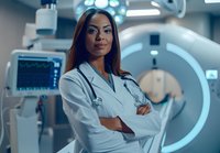 Confident Asian female doctor in white coat standing with arms crossed in modern medical facility with MRI scanner and monitoring equipment in background.