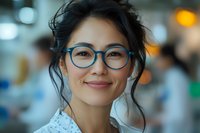 Young Asian woman wearing blue glasses smiles warmly at camera, with soft bokeh background and natural lighting creating professional business portrait.