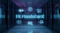 Futuristic data center corridor with glowing AI Assistant holographic interface and digital icons floating in cyberpunk atmosphere for technology concepts.