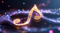Glowing musical note symbol with sparkles and light trails on dark background, magical music concept with purple and gold bokeh effect.