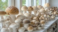 White ceramic mushroom decorations arranged on windowsill, featuring spotted caps and stems in varying sizes creating whimsical garden display. Natural light illuminates collection.