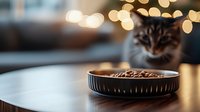 Tabby cat watching food bowl with dry pet food on wooden table against blurred bokeh lights background, cozy home atmosphere and pet care concept.