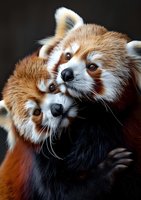 Adorable red pandas cuddling together, showing affection with their distinctive facial markings and fluffy fur against dark background. Wildlife conservation concept.