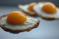 Macro shot of sunny side up eggs with crispy edges and bright orange yolks on dark background, selective focus creates appetizing breakfast composition.