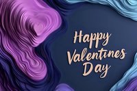 Layered paper cut hearts in purple and blue gradient with gold Happy Valentines Day text on dark background for romantic greeting cards and love celebration.