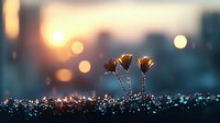 Delicate flowers silhouetted against blurred city sunset with bokeh lights and water drops creating magical atmosphere. Nature meets urban landscape in dreamy composition.