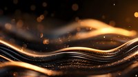 Luxurious golden waves flow with glowing particles against dark background creating elegant abstract design pattern for luxury branding and presentations.