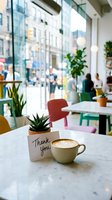 Latte art coffee cup with thank you card and succulent on marble table in bright modern cafe with colorful chairs and city view.