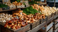 Fresh assorted mushrooms displayed in wooden crates at farmers market stall, including white button, shiitake and oyster varieties with price tags and herbs.