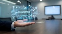 Business professional presenting holographic data analytics dashboard with success-driven priority systems in modern office conference room setting.